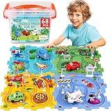 VESPRO 68PCS Puzzle Racer Kids Car Track Set 4 Series Toddler Car Track,Puzzle Track Car Play Set,Puzzle Track,Educational Puzzle Toys for Kids Ages 3+ Boys and Girls