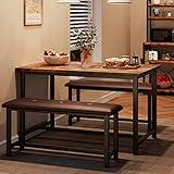 Alkmaar Kitchen Table Set with 2 Upholstered Benches for 4, Dining Room Metal and Wood Rectangular Table Set for Small Space, Apartment, Retro Brown