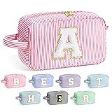 YOOLIFE Gifts for Women Girls - Personalized Birthday Gifts for Women, Gifts for Women Mom Daughter Teacher Wife Grandmother, Monogram Initial Preppy Pink Cute Makeup Bag Pouch for Women Teen Girls A