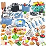 Funpynani 130Pcs Kitchen Playset, Toddler Pretend Cooking Play Pots, Pans, Utensils Cookware, Daily Food Fruit Veges, Shopping Storage Basket, Dessert, Prop Money, Learning Gift for Child (Blue)