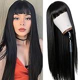 TIMANZO Long Straight Remy Hair Wigs Natural Black Heat Resistant Fiber Hair Full Machine Wig with Bangs Cosplay Party Wig For Fashion Women(24 Inches Natural Black Hair)