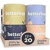 Betterway Bamboo Toilet Paper 3 Ply - Sustainable Toilet Tissue - 12 Double Rolls & 360 Sheets Per Roll - Septic Safe - Organic, Plastic Free - FSC Certified