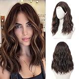 BUPPLER Brown Highlight Wig 18 Inch Medium Length Wigs for Women Middle Part Synthetic Hair Wavy Wig with Upgraded Strands,Natural Hair Wig for Daily Party/Halloween Use 18Inch,Brown Highlight