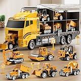 TEMI Construction Truck Toy Set with Play Mat, Carrier Truck Toys for Kids Toddlers, Die-Cast Metal Toy Car Set, Truck Car Kids Toys Christmas Birthday Gift for Age 3 4 5 6 + Years Old Boys Girls