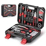 Eastvolt 128-Piece Home Repair Tool Set, Tool Sets for Homeowners, General Household Hand Tool Set with Storage Toolbox, EVHT12801, Black + Red (ASK01)