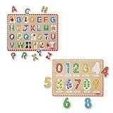 Melissa & Doug Wooden Lift & See Peg Puzzle Early Learning 2-Pack for Girls and Boys – Alphabet, Numbers