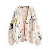 Women's Cable Knit Long Sleeve Open Front Cardigan Sheep V-Neck Button Down Embroidery Wool Blend Sweater Coat Outwear (L,Beige)