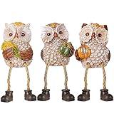 Lulu Home Thanksgiving Figurines, Set of 3 Resin Owl Shelf Sitters with Dangling Legs, Wheat Maize Pumpkin Harvest Sculpture for Window Sill Kitchen Tabletop Autumn Home Decor