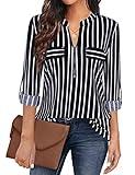 Bulotus Business Casual Shirts for Women, 3/4 Sleeve Tunic Tops for Leggings for Women Professional Blouses for Work Fall Clothes for Women 2022, Black Stripe, XX-Large