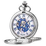 ManChDa Mechanical Roman Numerals Dial Skeleton Pocket Watches with Box and Chains for Mens Women (Silver Blue)