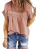 Dokotoo Summer Blouses for Women Fashion Crochet Lace Round Neck Short Sleeve Shirts Back Button Down Pom Pom Boho Casual Solid Chiffon Blouse Womens Tops Light Pink M