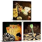 PoGoXiPoYo Vintage Poker Cards Darts Canvas Wall Art Retro Poker Chips Pictures Leisure Sport Painting for Game Room Man Cave Wall Decoration Ready to Hang 12x12inchx3pcs (Small)