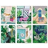 YIMEHDAN Moroccan Jungle Animal Wall Art Print - Leopard Tiger Bear Elephant Sloth Canvas Print - Forest Animal Tropical Plant Artwork for Kids Bedroom Decor (Set of 6) - Unframed - 8X10 inch