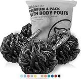 Shower Puff 4 Pack Black Bath Sponge Shower Loofahs Pouf Ball Nature Bamboo Charcoal Mesh Bulk Puffs Large, Shower Essential Skin Care by WhaleLife