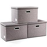 PRANDOM Large Collapsible Storage Bins with Lids [3-Pack] Linen Fabric Foldable Storage Boxes Organizer Containers Baskets Cube with Cover for Home Bedroom Closet Office Nursery (17.7x11.8x11.8)