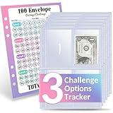 Sooez 25Pack Cash Stuffing Envelopes, 100 Envelopes Money Saving Challenge Replacement, 3 Challenge Tracker, A5 Binder Inserts Pre-Numbered 1-100, Clear Money Envelopes for Cash