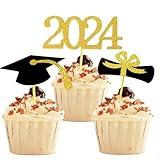 YuBoBo 2024 Graduation Cupcake Toppers, 48 PCS Food/Appetizer Picks For Graduation Party Mini Cake Decorations, Diploma, 2024, Grad Cap Set 48 Pieces (Gold)