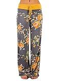 iChunhua Women's Comfy Stretch Floral Print Drawstring Palazzo Wide Leg Lounge Pants(L,Yellow)