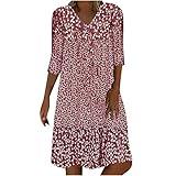 Generic Deal of The Day Prime Today 3/4 Sleeve Knee Length Dress for Women 2024 Casual Comfy Loose Fit Midi Dresses Womens Summer Boho Floral Dresses, XX-Large, 1#red