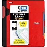 Five Star Spiral Notebook + Study App, 5 Subject, College Ruled Paper, Advance Notebook with Spiral Guard, Movable Tabbed Dividers and Expanding Pockets, 8-1/2" x 11", 200 Sheets, Red (73146)