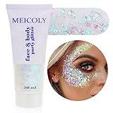 MEICOLY Clear White Body Glitter,Mardi Gras Face Glitter Singer Concerts Festival Rave Accessories,Chunky Hair Sparkling Halloween Glitter Gel for Women,Mermaid Sequins Glitter Face Paint,50ml