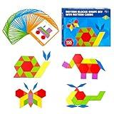 155 PCS Wooden Pattern Blocks Set, 24 Double-Sided Design Cards(48 Patterns) Geometric Shape Puzzle Fun Tangram Montessori Learning Toys for Kids Ages 4-8 (A Storage Bag & A Gift Box)