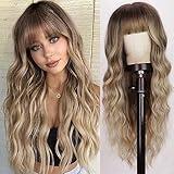 Lativ Blonde Wig With Bangs Long Wavy Curly Ombre Wig with Dark Root Synthetic Heat Resistant Wigs for Women Daily Party Use 26 Inches