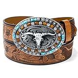 QIQILUXI Western Belt for Women Men Cowboys Cowgirls Carving Leather Country Belts Bullhead Buckles