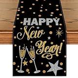 Artoid Mode Cheers Black and Gold 2024 Happy New Year Table Runner, Xmas Winter Holiday Kitchen Dining Table Decoration for Indoor Outdoor Home Party Decor 13 x 72 Inch