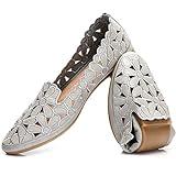 HEAWISH Women's Floral Ballet Flats for Women Black Beige Slip On Flowers PU Leather Round Toe Dress Shoes(Grey,US10)