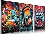 3Pcs Cool Gaming Wall Art Retro Video Game watercolor Posters Pictures Colorful Neon Gamepad Canvas Painting Prints for Boys Room Kids Game Room Bedroom for Boys Home Decoration 16x24in Unframed