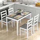 Tangkula Dining Table Set for 4, Farmhouse Solid Wood Dinette Set w/Rubber Wood Legs, Modern Dining Table and Chairs Set for Kitchen, Dining Room (Grey+White)