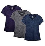 icyzone Workout Shirts Yoga Tops Activewear V-Neck T-Shirts for Women Running Fitness Sports Short Sleeve Tees (M, Royal Blue/Purple/Charcoal)