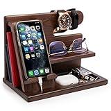 TESLYAR Wood Phone Docking Station Ash Key Holder Wallet Stand Watch Organizer Men Gift Husband Wife Anniversary Dad Birthday Nightstand Purse Father Graduation Male Travel Idea Gadgets… (Deep Brown)