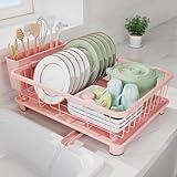 Hiviweer Pink Dish Drying Rack - Space-Saving Dish Rack,Dish Racks for Kitchen Counter with Drainboard, Birthday Christmas Day Mothers Day Thanksgiving Gifts for Mom Grandma Wife Kitchen Enthusiasts