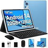 2024 Newest Android 14 Tablet 10 inch Octa-Core Tablets with 22GB RAM+128GB ROM(Expand to 1TB),8000mAh Large Battery,1280x800 IPS HD Touch Screen,Support Widevine L1,Keyboard & Mouse Included-Blue