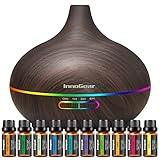 InnoGear Aromatherapy Diffuser & 10 Essential Oils Set, 400ml Diffuser Ultrasonic Diffuser Cool Mist Humidifier with 4 Timers 7 Colors Light Waterless Auto Off for Large Room Office, Dark Wood Grain