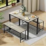 SumKea 3-Piece 4 Bar 2 Dining Benches, 43.3'' Wood Kitchen Table & Chair Set for Breakfast Nook and Small Space, Grey