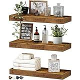 QEEIG Floating Shelves for Wall Bathroom Shelf Bedroom Kitchen Farmhouse Small Book Shelf 16 inch Set of 3, Rustic Brown (015-BN3)