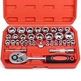 Egofine 3/8” socket set 34 PCS, 1/4" & 3/8" Drive, 6 Point CR-V SAE/Metric socket wrench set with 3/8" Quick-Release Ratchet Wrench, 3/8" Square Drill Socket Adapter, 3" Extension bar, Storage box