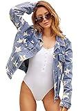 Justalwart Jean Jacket Women Starlit Pocketed Denim Jacket (L, Blue washed with Stars)