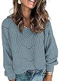 Dokotoo Sweater for Women 2024 Fashion Ladies Cute Soft Thick Crewneck Fall Tops Solid Hollow Out Crochet Chunky Winter Cozy Long Sleeve Cable Knit Pullover Sweaters Trendy Clothes Dusty Blue Medium