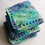 Cotton colorful dishcloth reusable set of 3, Knitted absorbent bright mini towels Dark blue-light green crochet square rags ecology