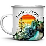 Nature is My Home Enamel Campfire Coffee Mug, Outdoor Adventure Enthusiast Camping Cup, Mountains Wildlife Hiking Camp Lover Gift (12oz)