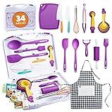 KIDSTIR Kids Cooking Sets Kids Baking Set 34 Piece Real Cooking Set for Kids with Organizer Carrying Case, Kids Cooking Utensils for Girls and Boys Kid Cooking Gift Set and Baking Set for Kids