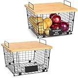 2 Set Stackable Wire Basket with Bamboo Top - Kitchen Counter, Pantry Organizer and Storage - Produce Onion Potato Fruits Vegs Bread Food Snack Spice Organizing Bin for Cabinet Shelf Countertop Floor