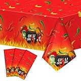 Oudain 3 Pcs Plastic Chili Cook Off Tablecloths, Chili Pepper Party Favor Supplies, Disposable Cinco De Mayo Chili Pepper Hot Flame Tablecover for Mexican Theme Cooking Party Decor, 108 x 54 Inch