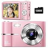 Upgrade Digital Camera, Autofocus 50MP FHD 1080P Camera for Kids with 16x Zoom Anti Shake, Compact Camera for Kid Student Children Teen Girl Boy, Kids Camera with 32GB SD Card,2 Batteries-Pink