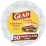 Glad Round Disposable Paper Plates 10 in, Blue Flower|Soak Proof, Cut Proof, Microwave Safe Heavy Duty Paper Plates For Parties|50 Count Bulk Paper Plates 10 Inch