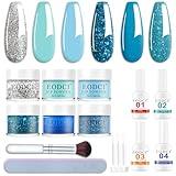 Eodci 12 Pcs Dip Powder Nail Kit Starter, 6 Colors Glitter Blue Snow Dipping Powder Kit With Base & Top Coat/Activator/Brush Saver, Nail Art Manicure Salon DIY for Daily at Home Party Gifts for Women